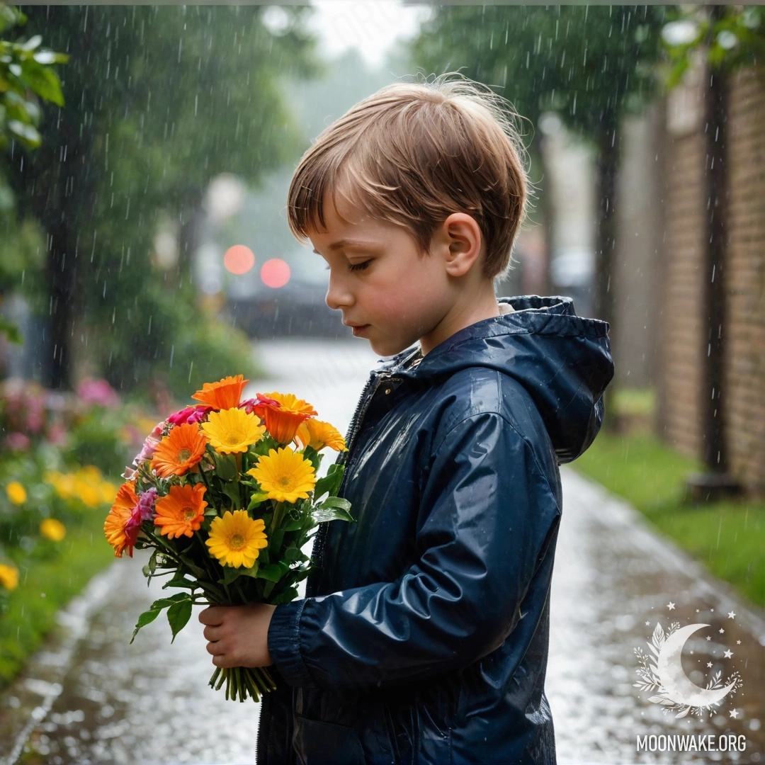 Child Sniffing Flowers in the Rain A child stands in the rain, holding a bouquet of flowers close to their nose.