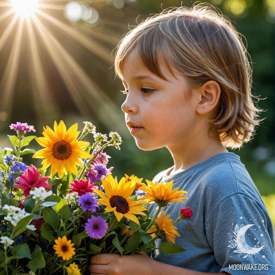 A young child with a bouquet of flowers, basking in sunlight.