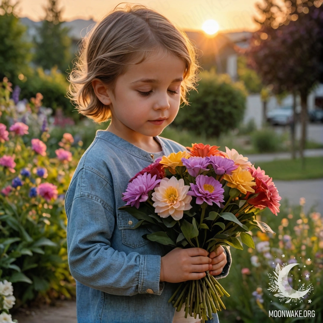 Child Enjoying a Flower Bouquet at Sunset A child with a joyful expression smelling a bouquet of flowers during sunset.