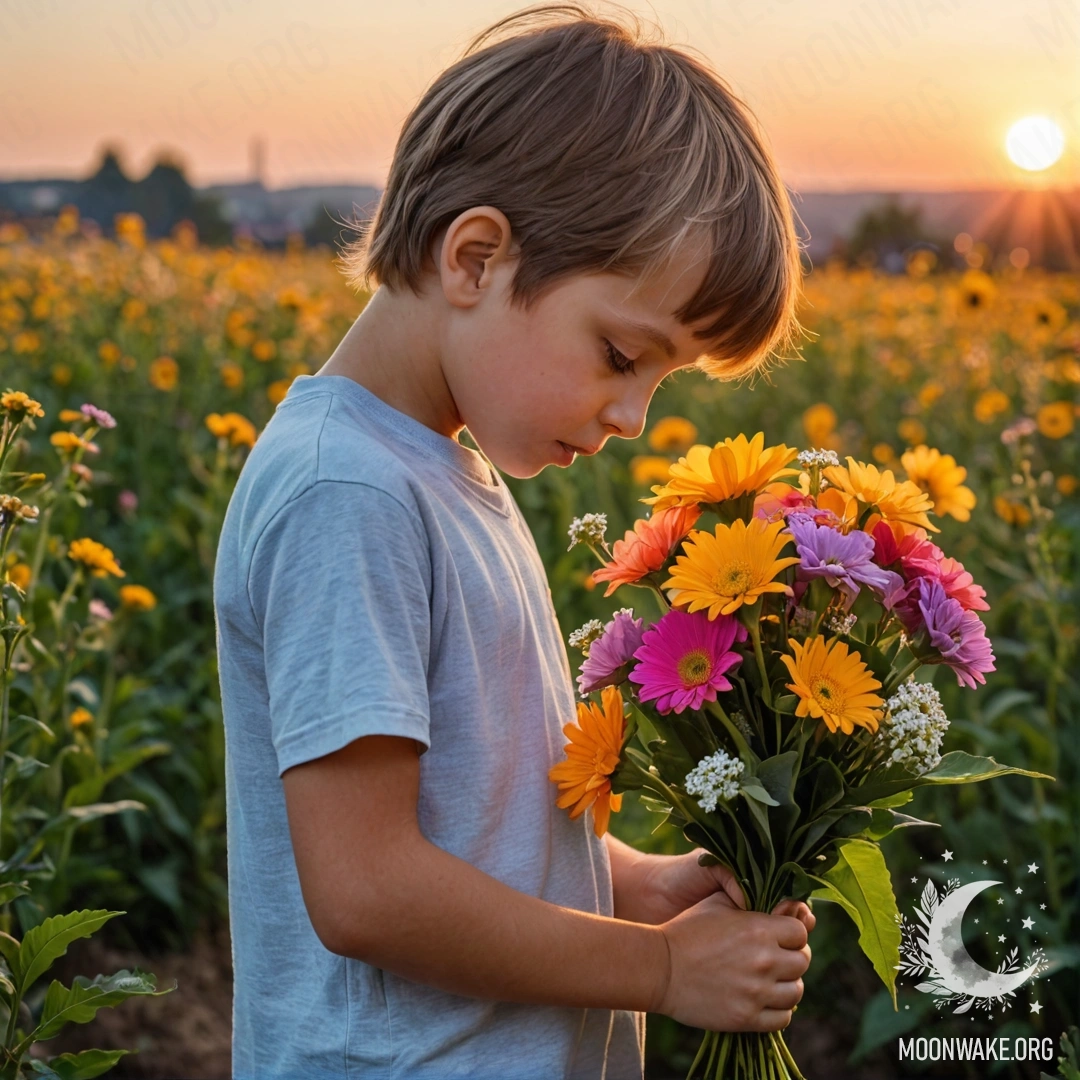 A child curiously sniffs a bouquet of colorful flowers during sunset.
