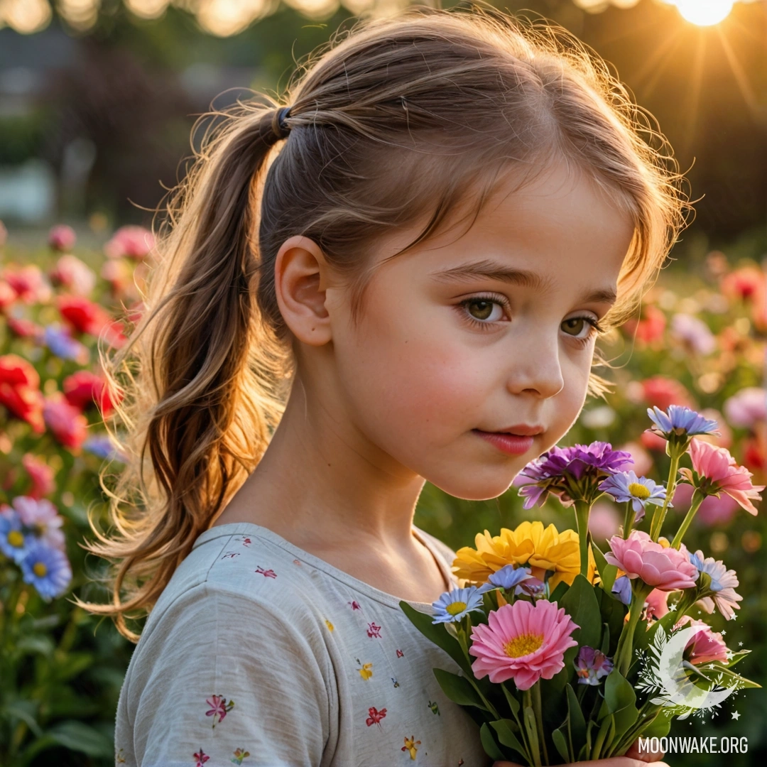 A child is smelling a colorful bouquet of flowers during sunset.
