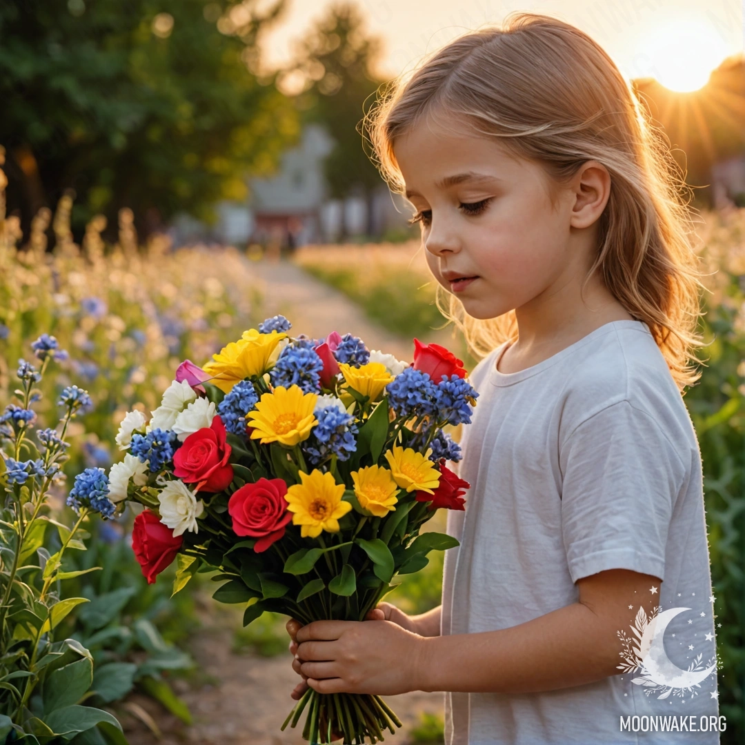 A young child, captivated by the fragrance of a bouquet of flowers, stands under a warm sunset glow.