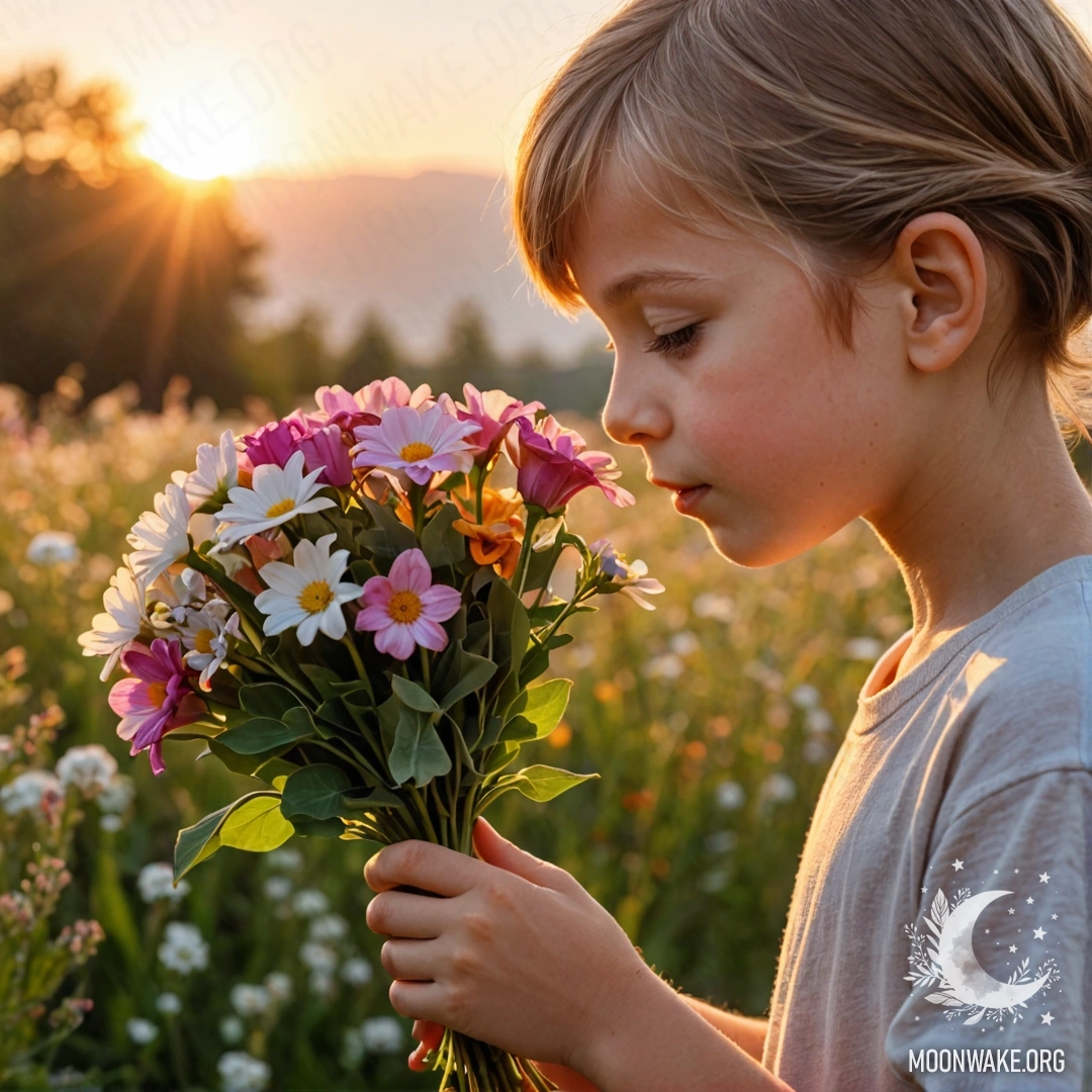 A child enjoying the fragrant bouquet of flowers during sunset.