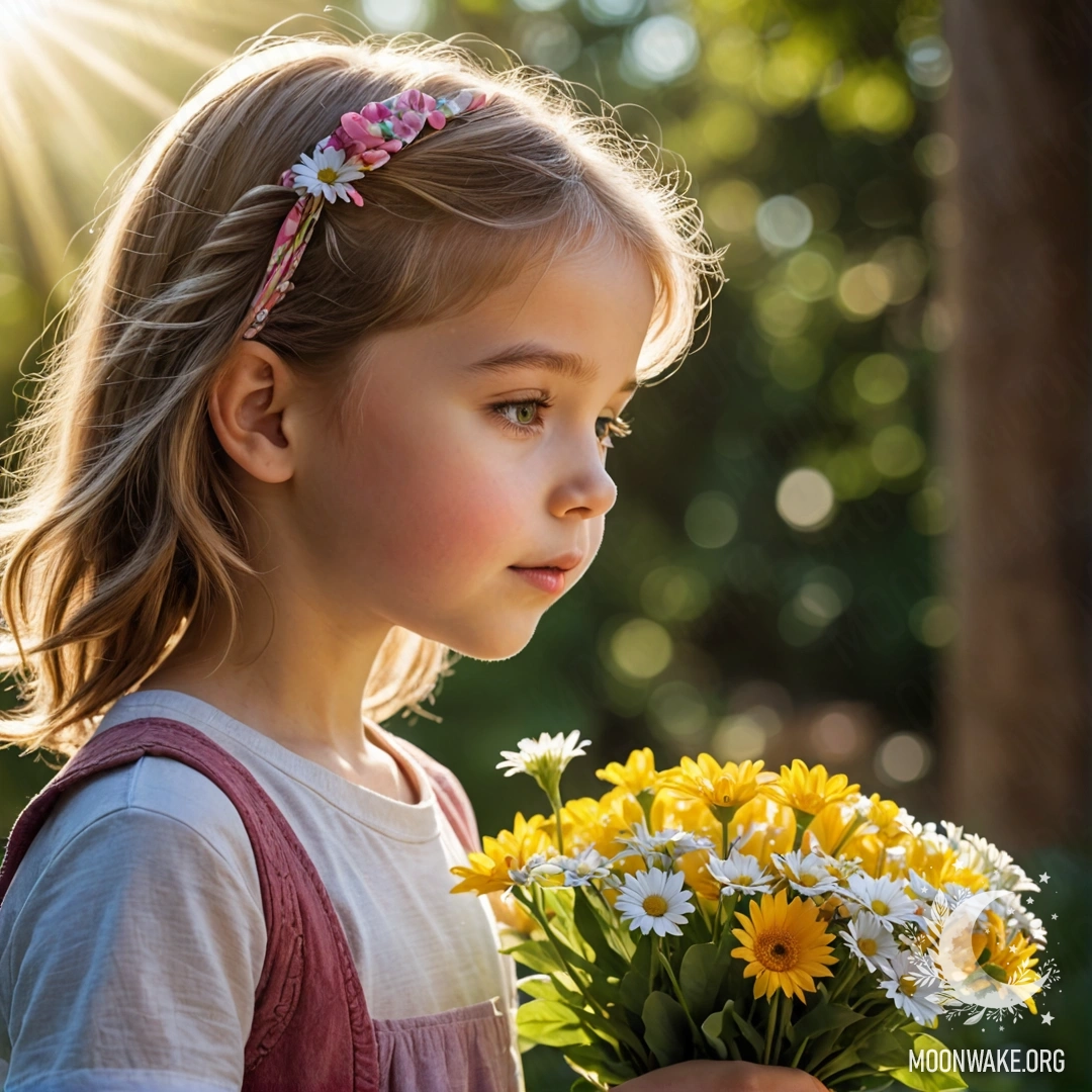 A young child smelling a colorful bouquet of flowers bathed in sunlight.