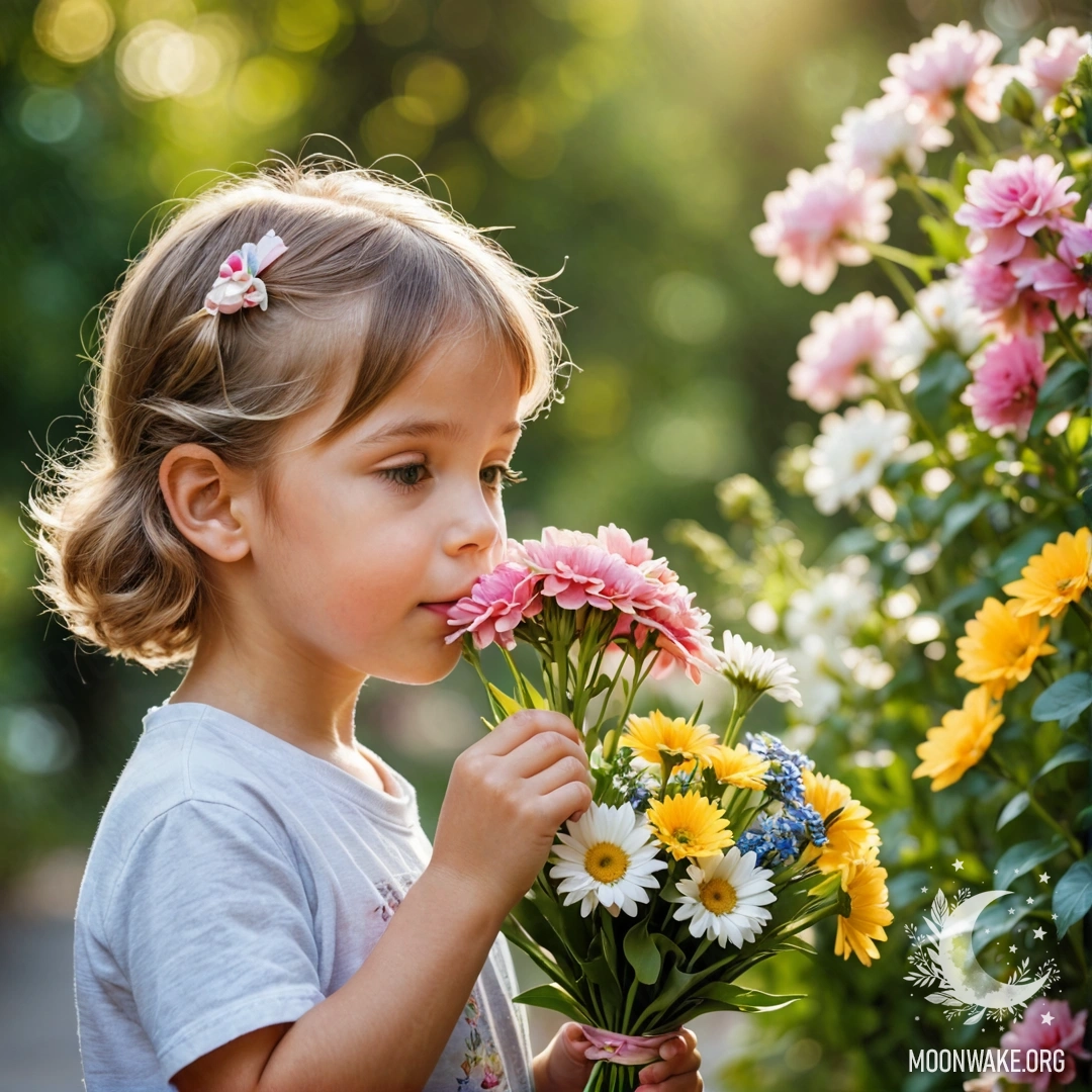 A joyful child with a bouquet of colorful flowers near their face, inhaling the fragrance.