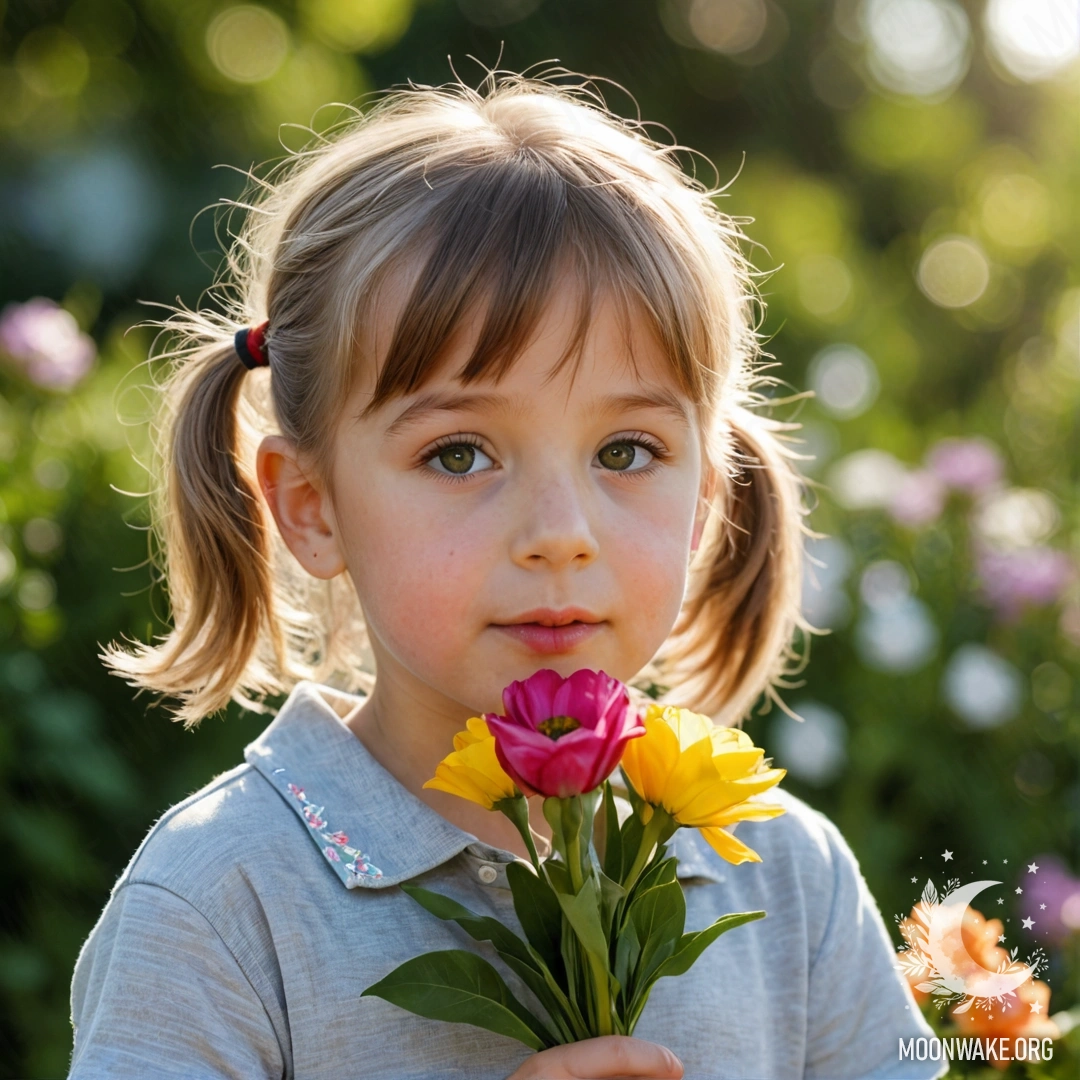 A child joyfully sniffing a colorful bouquet of flowers, showcasing vibrant petals and delicate stems.