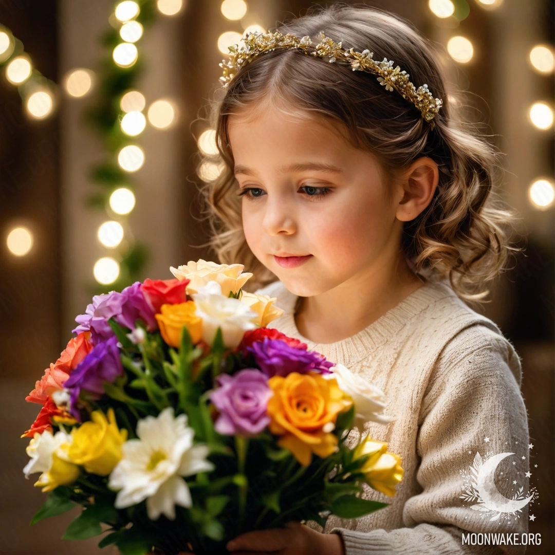 Child Sniffing a Flower Bouquet A young child immersed in the scent of a vibrant bouquet of flowers, surrounded by soft garland lights.