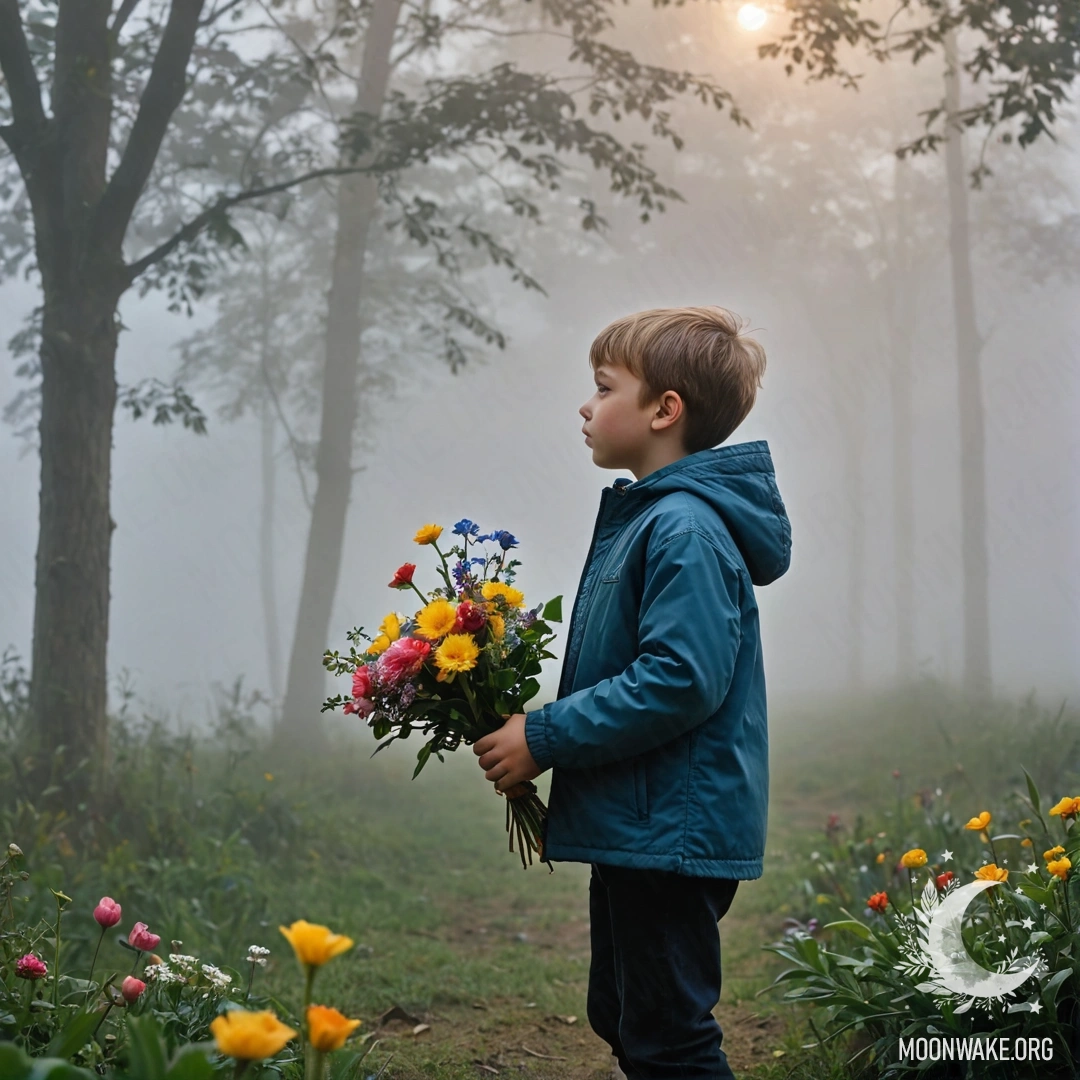 A young child with a bouquet of flowers, surrounded by thick fog.