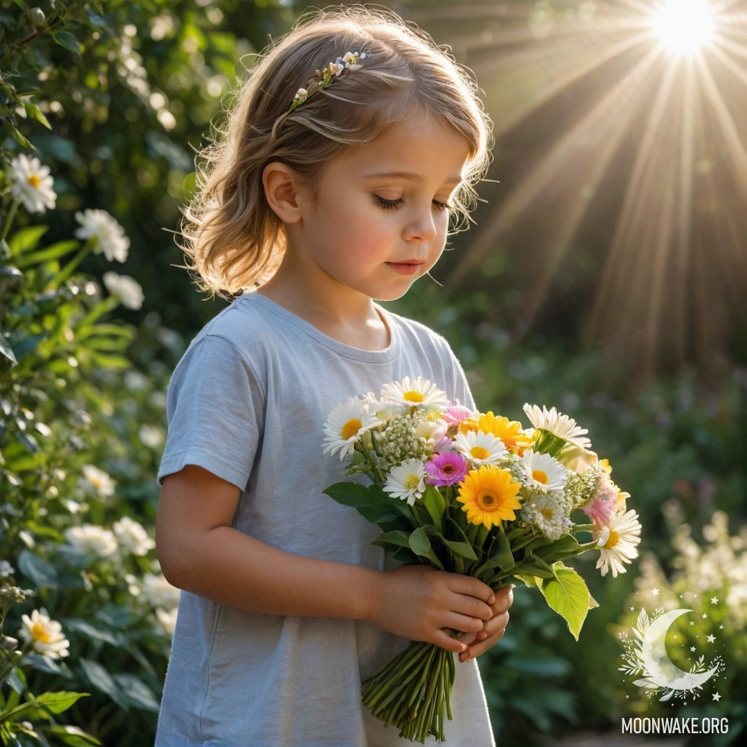 A child smelling a bouquet of colorful flowers under sun rays.