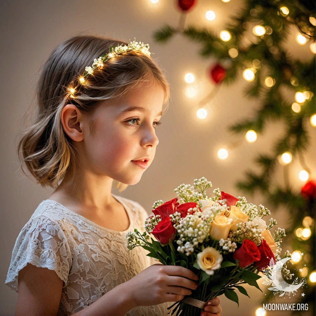 A child is sniffing a colorful bouquet of flowers, surrounded by gentle twinkling lights.