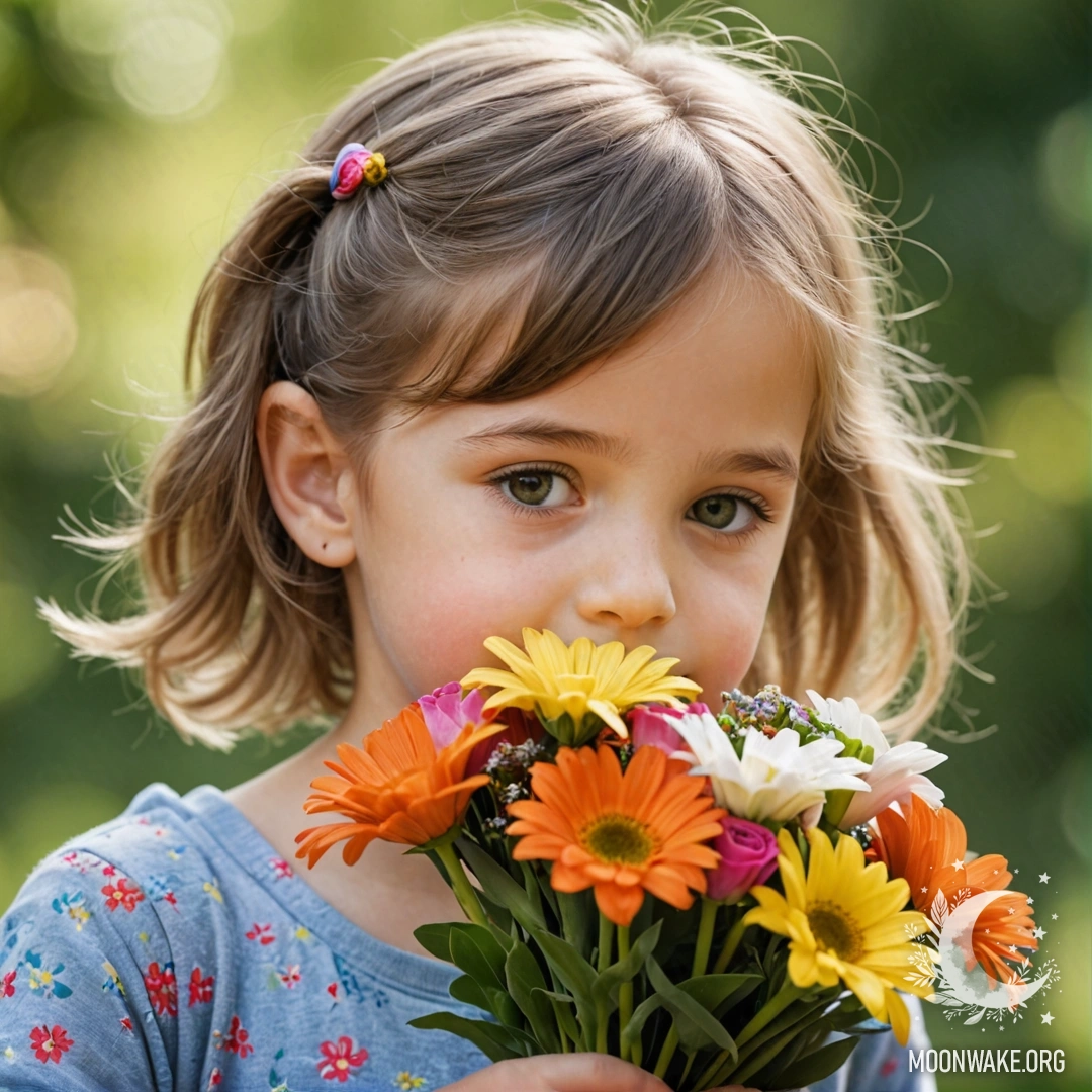 A child sniffing a colorful bouquet of flowers.