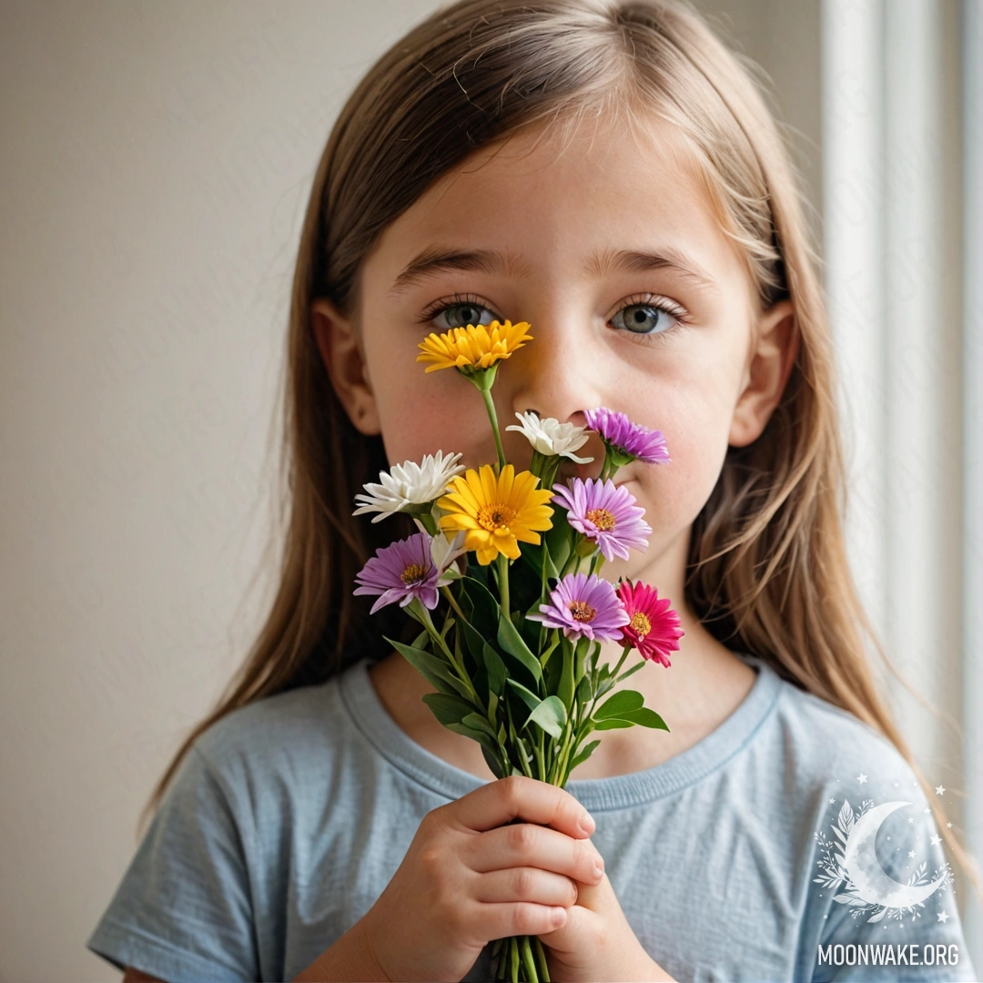 A child smelling a colorful bouquet of flowers, capturing the innocence and joy of childhood.