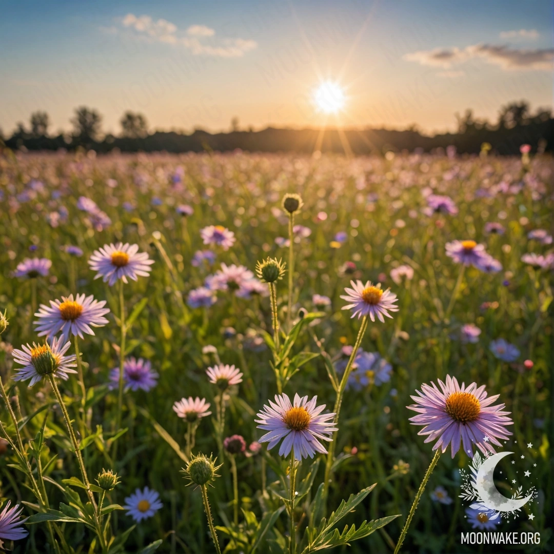 A vibrant close-up of delicate flowers against a bokeh sky, illuminated by sun rays.