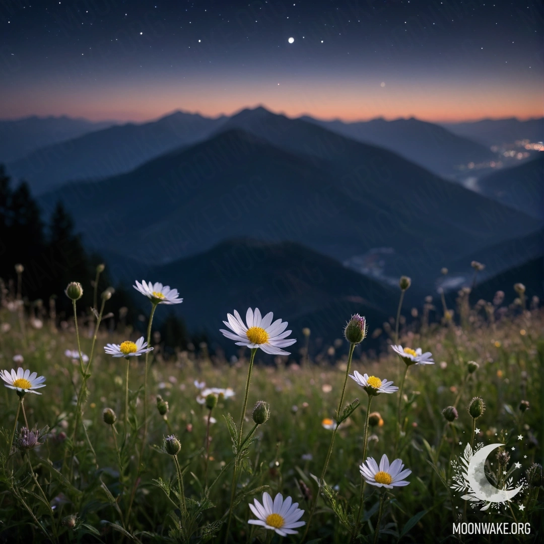 Close-Up of Beautiful Field Flowers at Night Detailed close-up of vibrant flowers in a field, with blurred mountains in the night background.