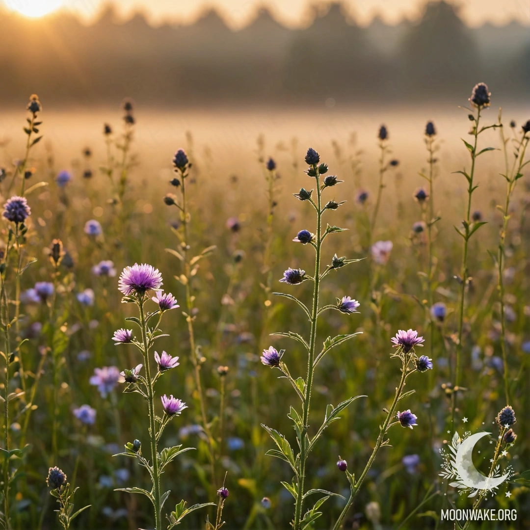 A close-up view of vibrant field flowers with a foggy sunset in the background