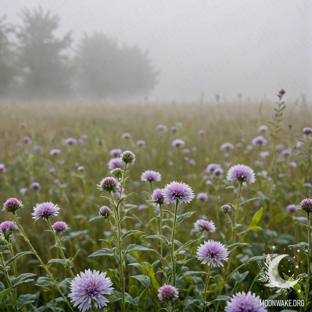 Beautiful field flowers in close-up against a blurred background in dense fog.