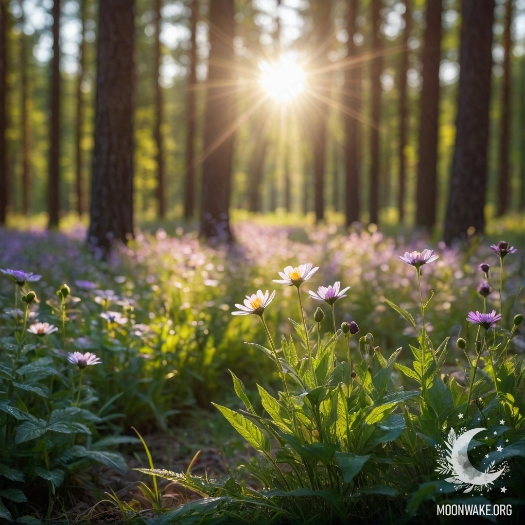 Close-up of Beautiful Field Flowers with Sun Rays A close-up view of vibrant field flowers in front of a blurred forest, with sun rays filtering through the trees.