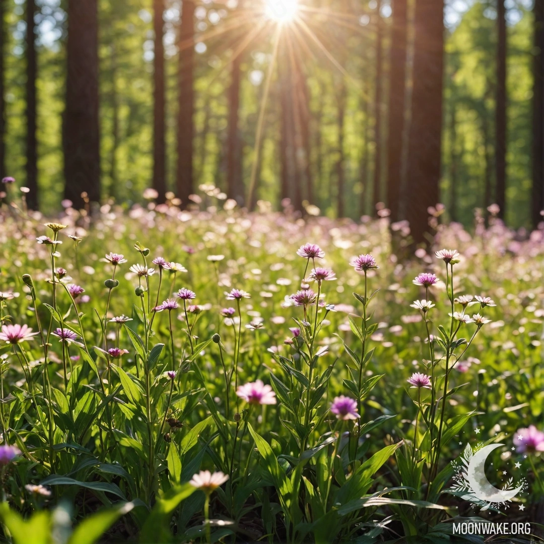 A close-up of vibrant field flowers in front of a blurred forest background with sunlight streaming through.