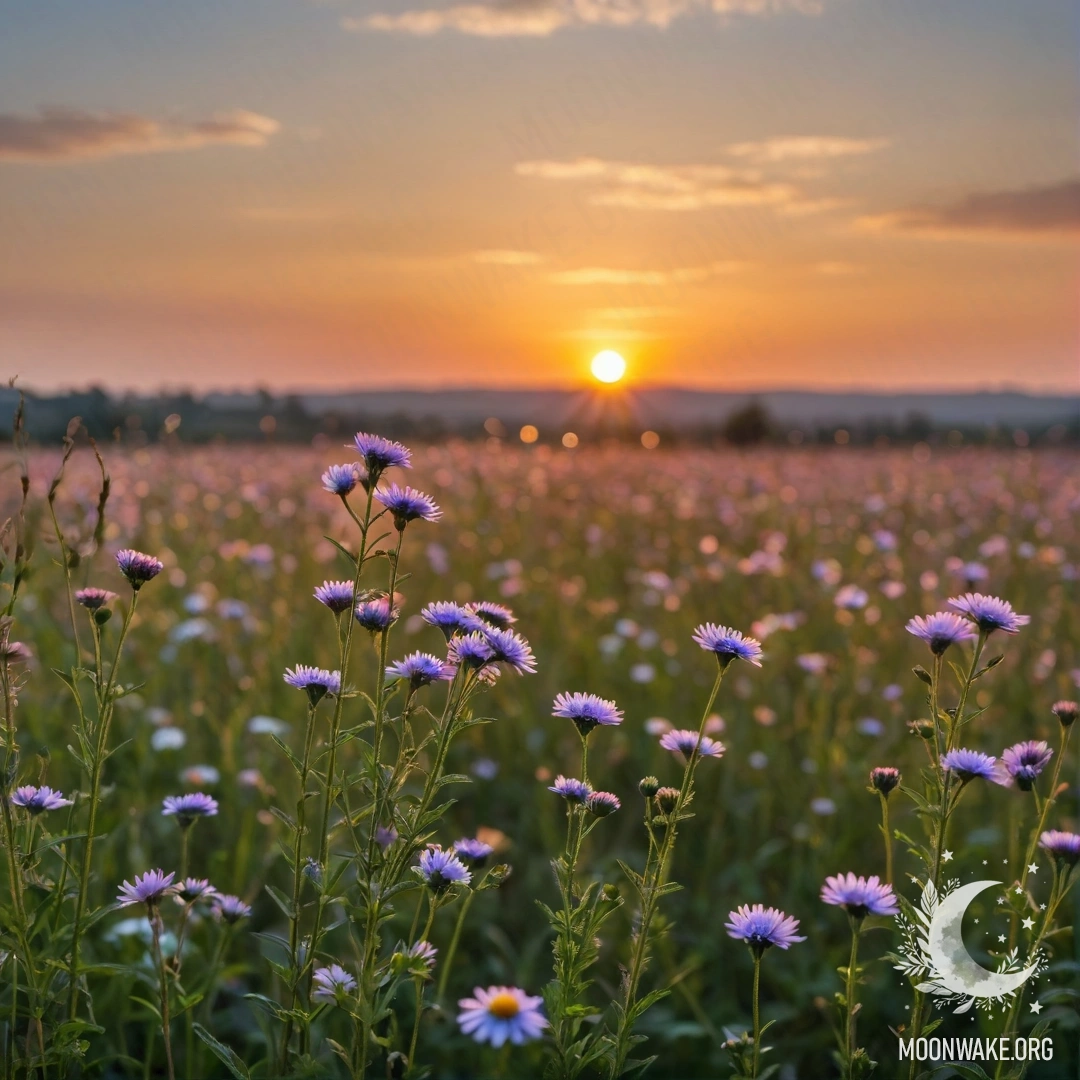 Close-up view of vibrant field flowers against a blurred sunset sky.