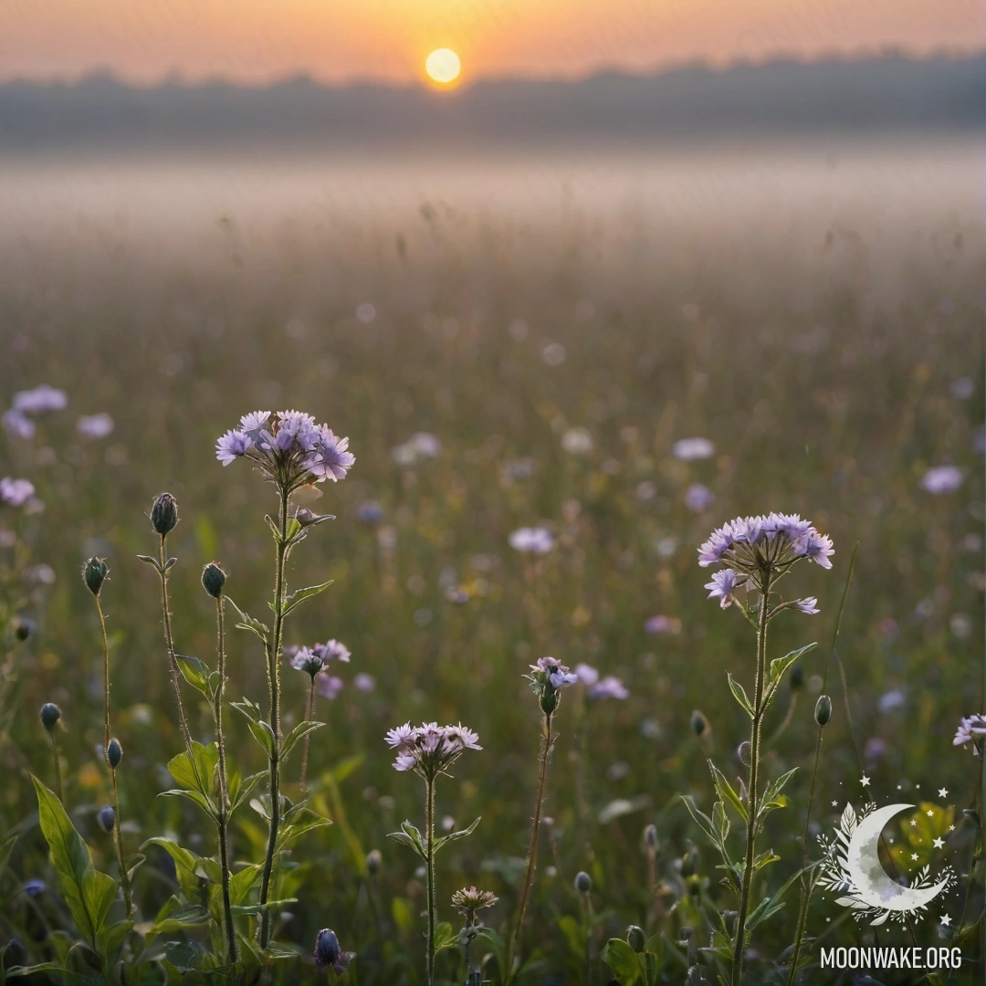Close-up of vibrant field flowers with a bokeh background at sunset, shrouded in gentle fog.