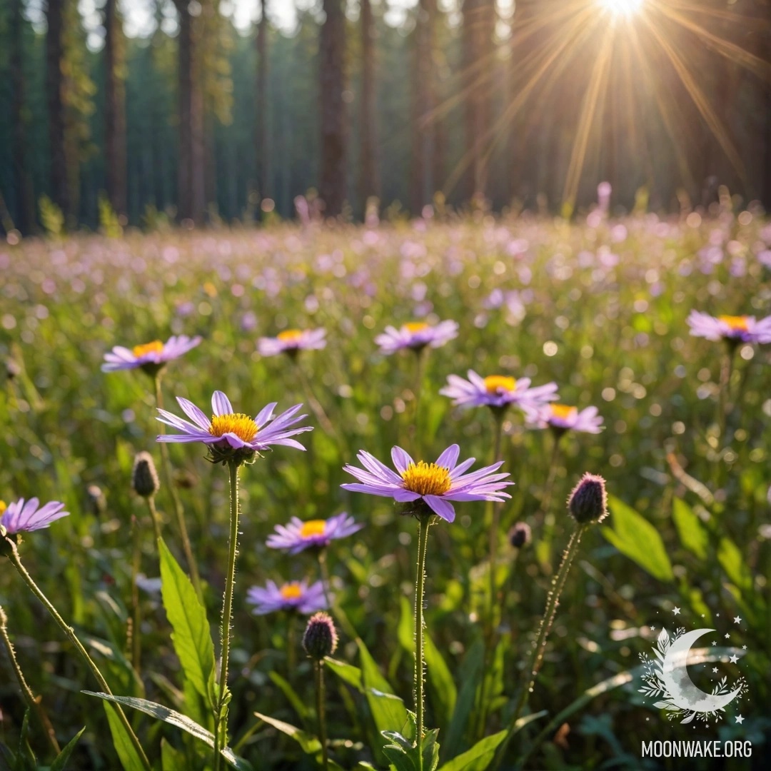 A close-up view of vibrant field flowers against a blurred forest background with soft bokeh and light flares.