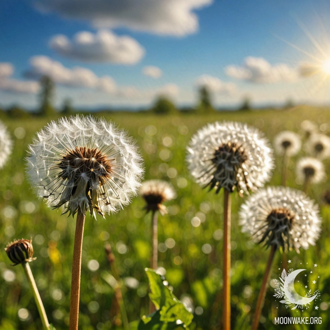 Close-up view of dandelions in a sunny field with a blurred bokeh sky.