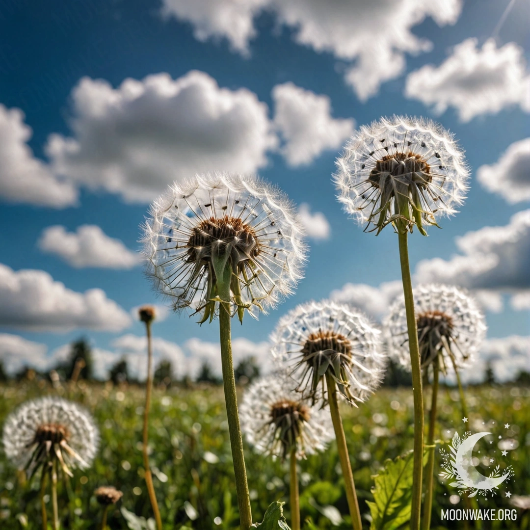 Close-up of Dandelions in a Bokeh Sky A close-up view of dandelions against a blurred blue sky with clouds.