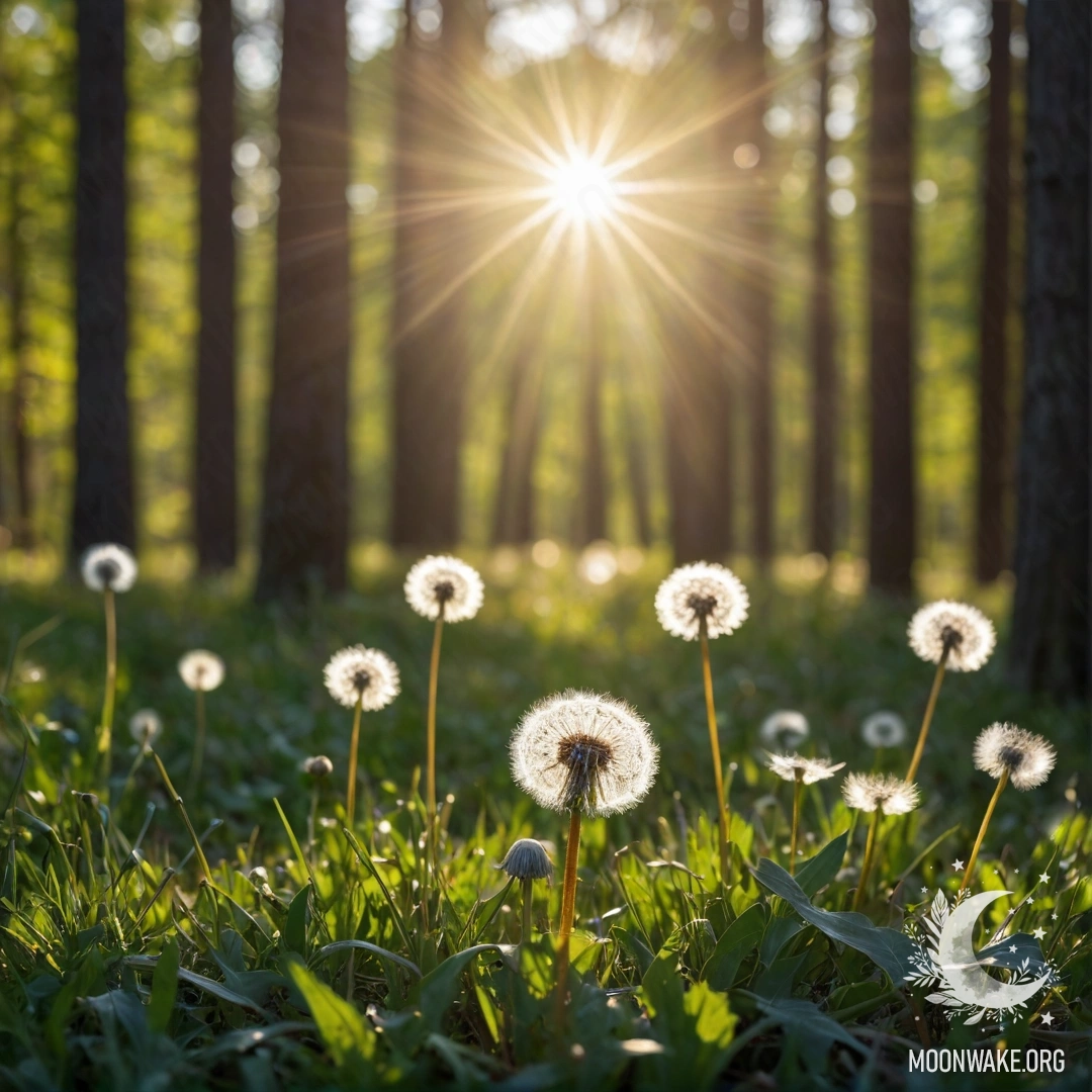 A close-up view of delicate dandelions against a blurred forest background, with sunlight filtering through the trees.