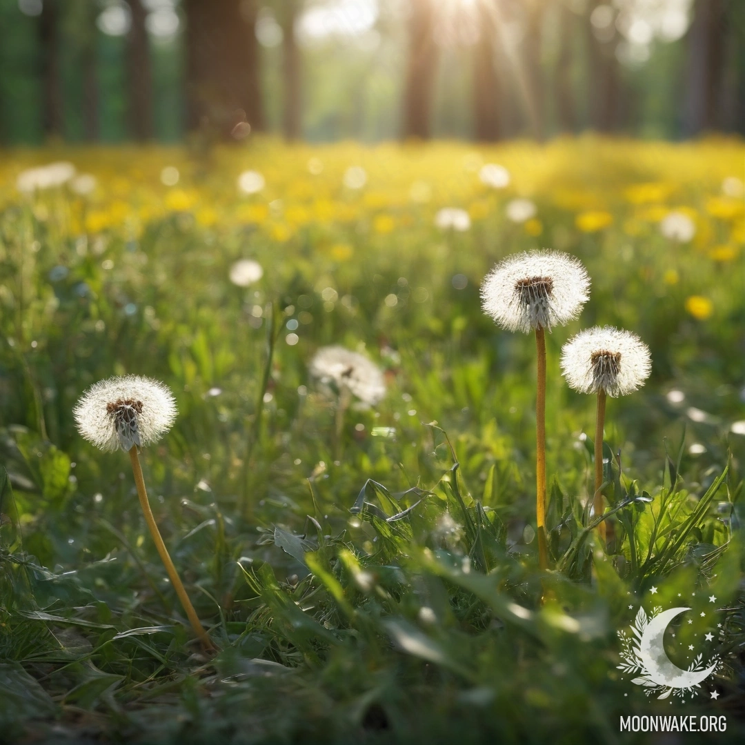 A close-up view of sweet dandelions against a blurred forest background with lens flares.