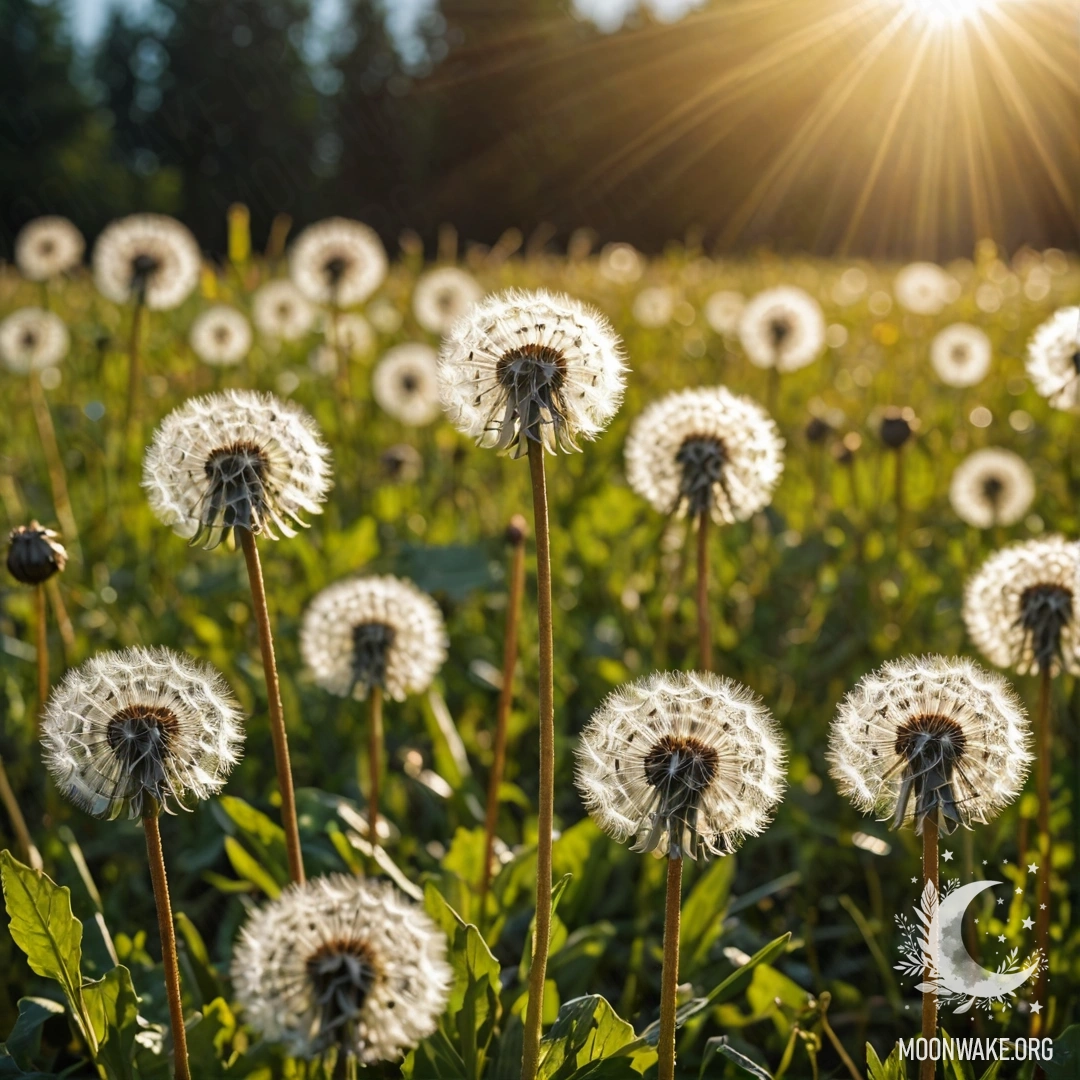 A close-up image of delicate dandelions against a blurred background of colorful field flowers illuminated by sunlight.
