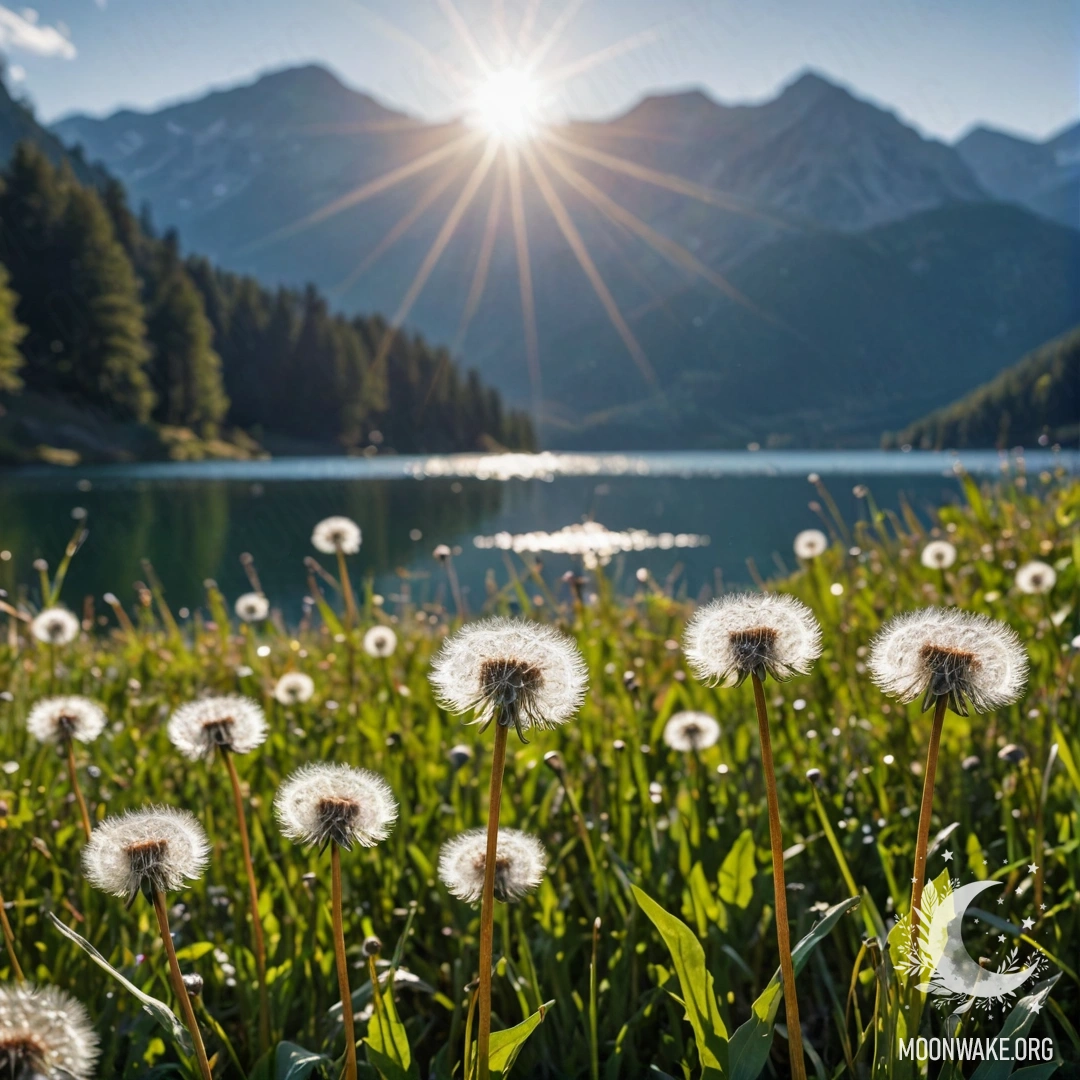 A close-up view of dandelions with a blurred mountain lake in the background, featuring lens flares.