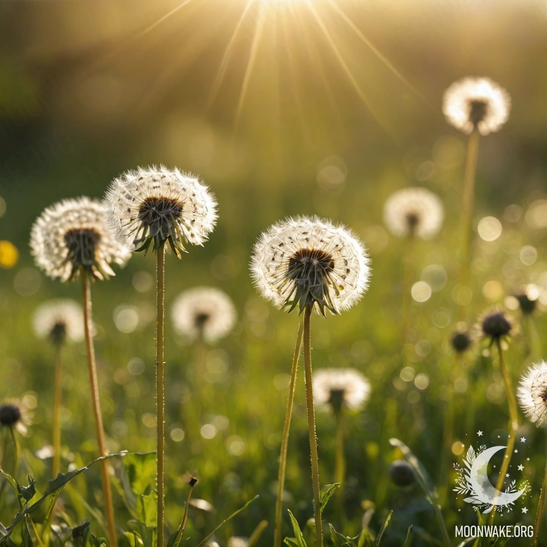Close Up of Dandelions in a Minimalist Field A close up of dandelions against a blurred background of field flowers illuminated by sun rays.