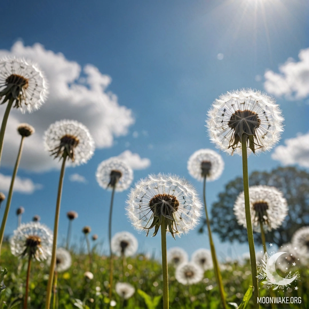 A close-up view of dandelions with a blurred bokeh sky in the background.