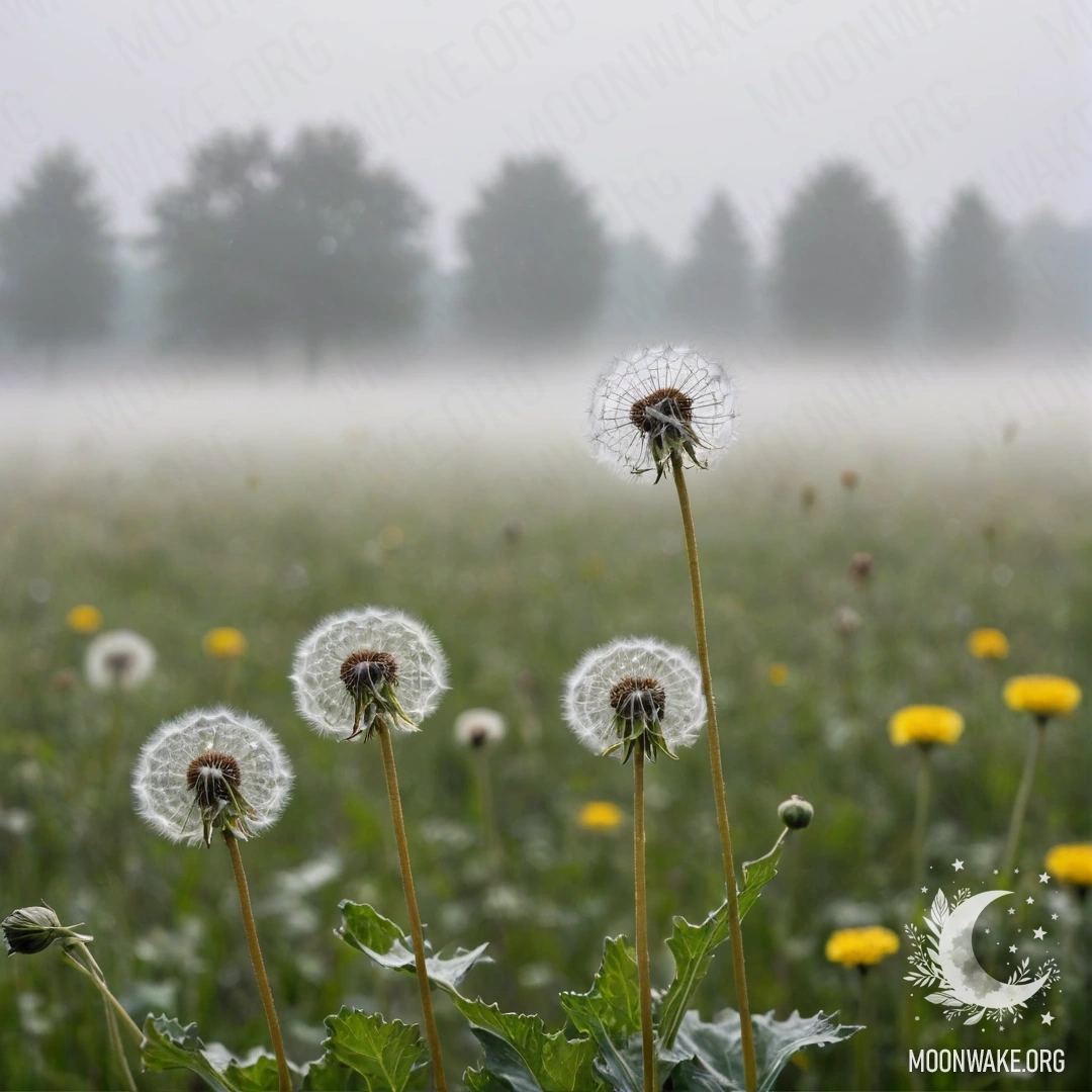 Close-up of Dandelions in Misty Field Close-up view of fluffy dandelions surrounded by thick mist and a bokeh sky.