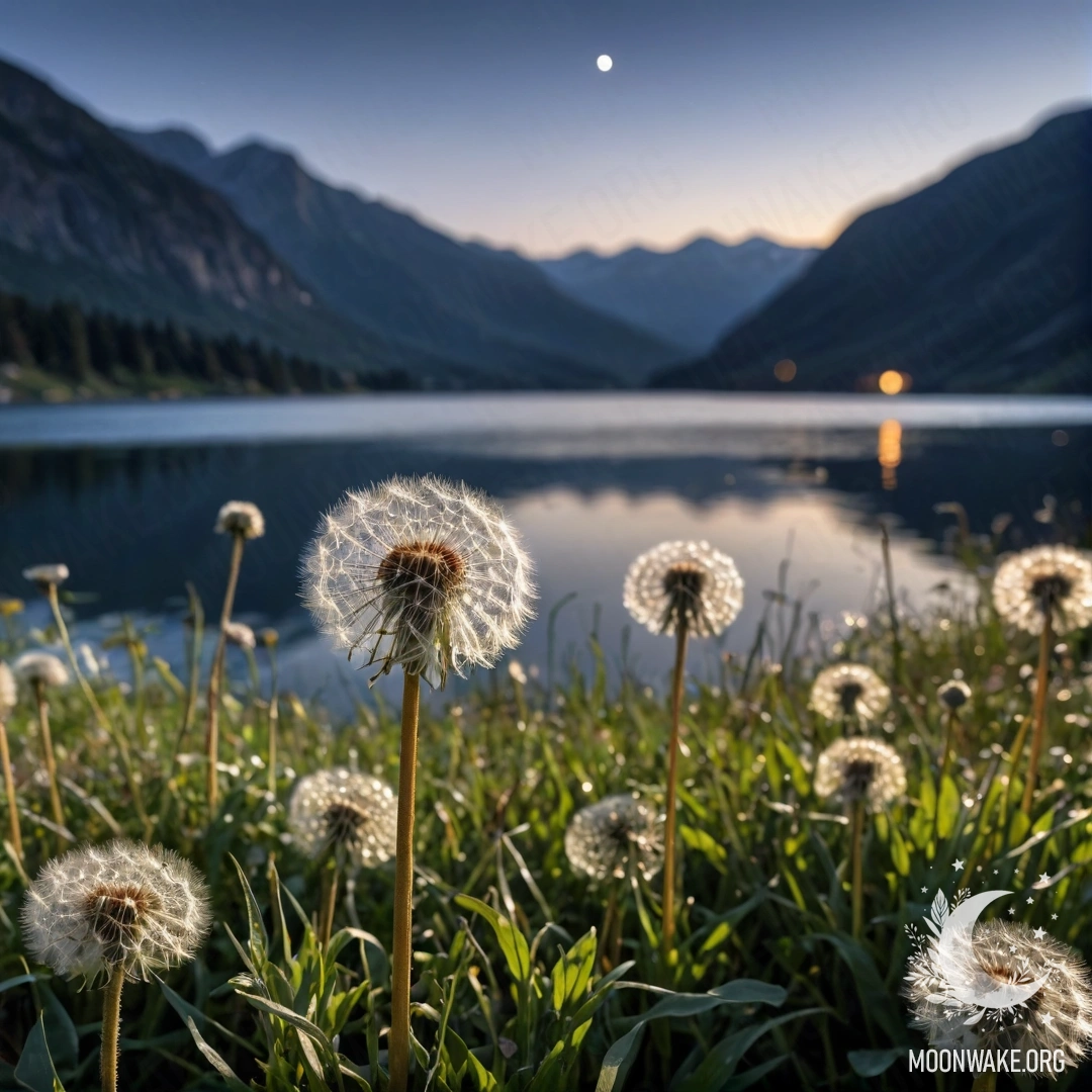 Close-up view of dandelions with blurred mountain lake backdrop at night.