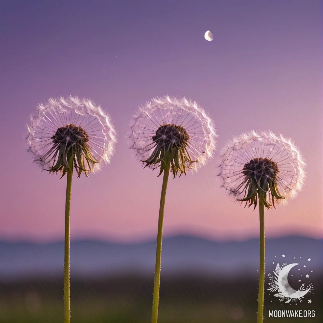 A close-up view of dandelions set against a pink violet sky with the moon.