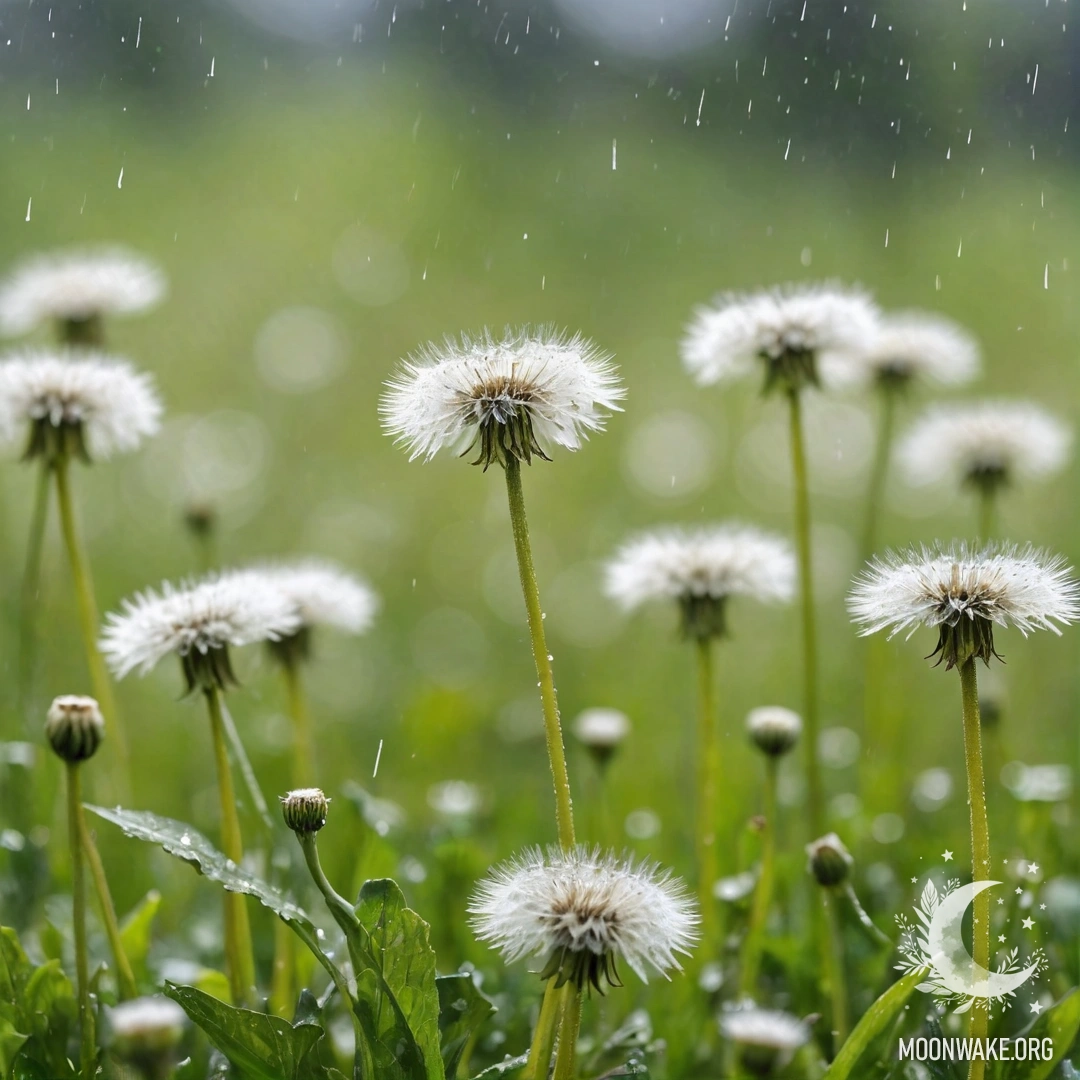 Close Up of Dandelions in Rainy Bokeh A close-up view of dandelions with blurred flowers in the background, drenched by rain.
