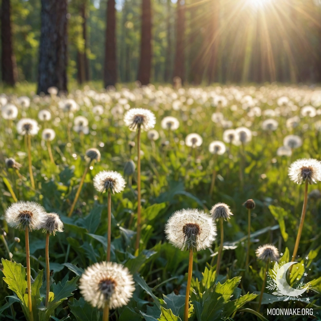 A close-up image of dandelions with a blurred forest background illuminated by sunlight.