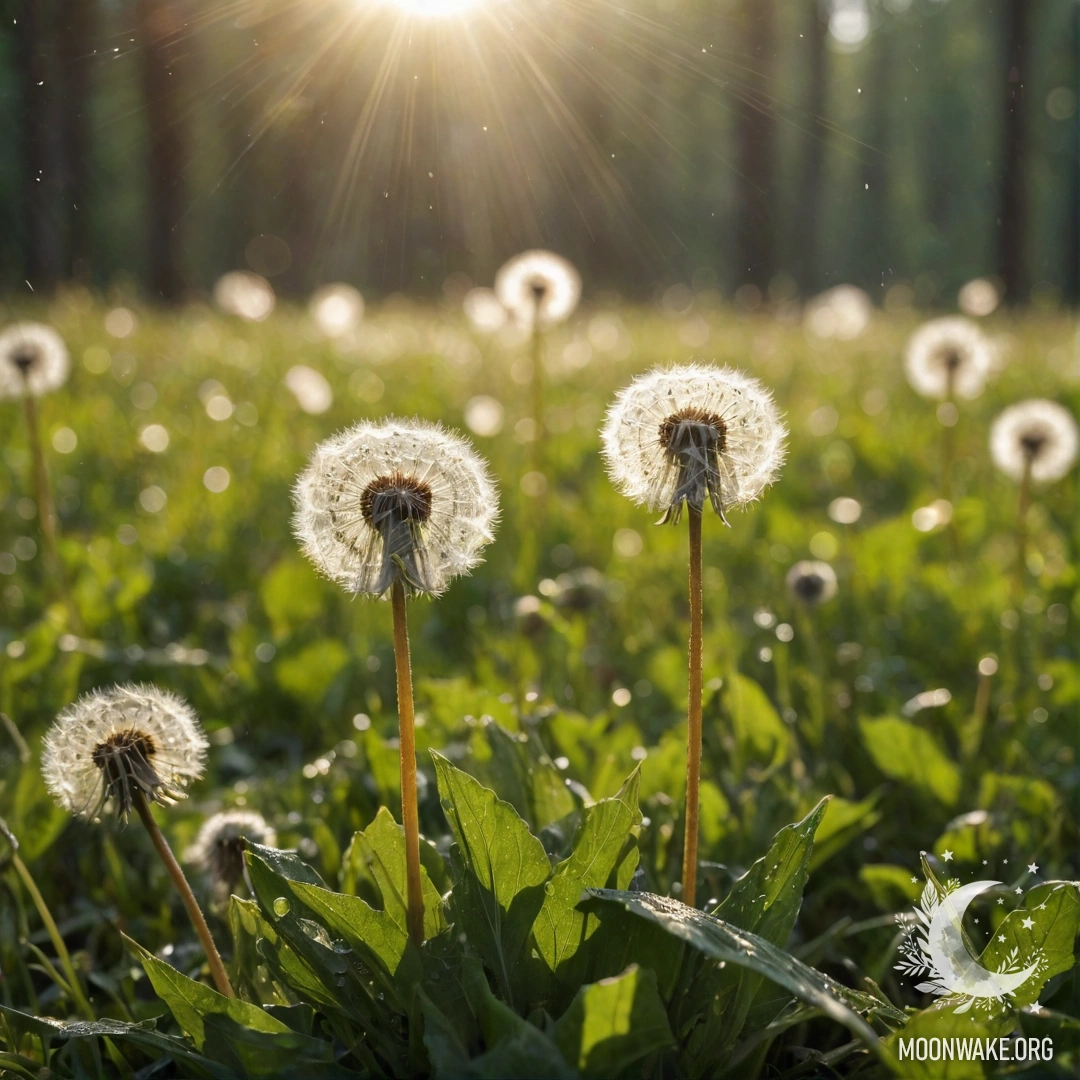 Close-Up of Dandelions in a Sunlit Forest Close-up of delicate dandelions with blurred forest background, illuminated by sun rays and raindrops.