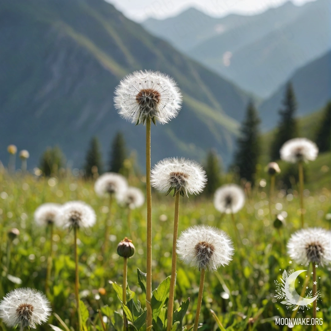 Close-Up of Dandelions in a Sunny Field A close-up of delicate dandelions with a blurred mountain landscape in the background.