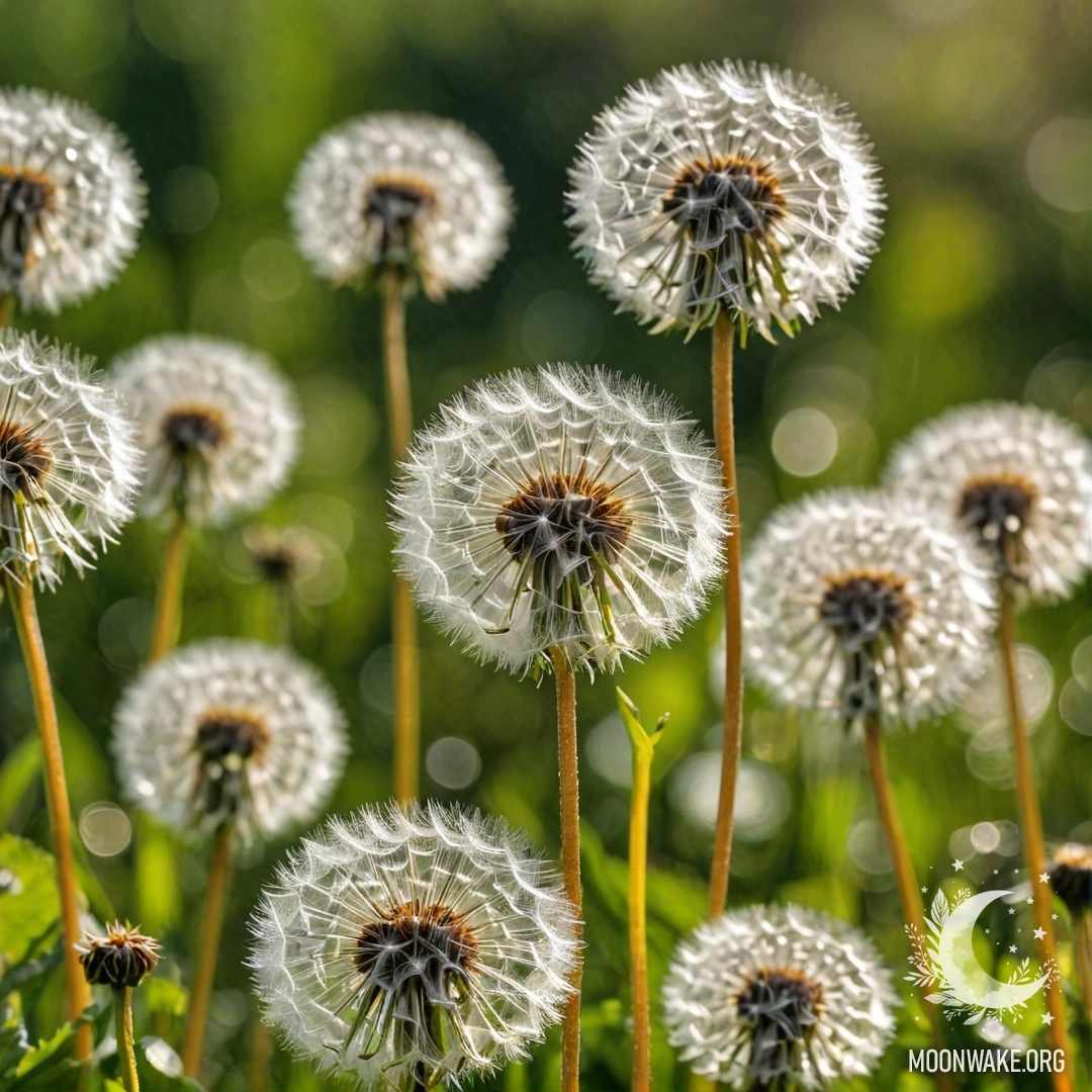 Close-up view of delicate dandelions growing in a sunny field against a blurred background of colorful flowers.