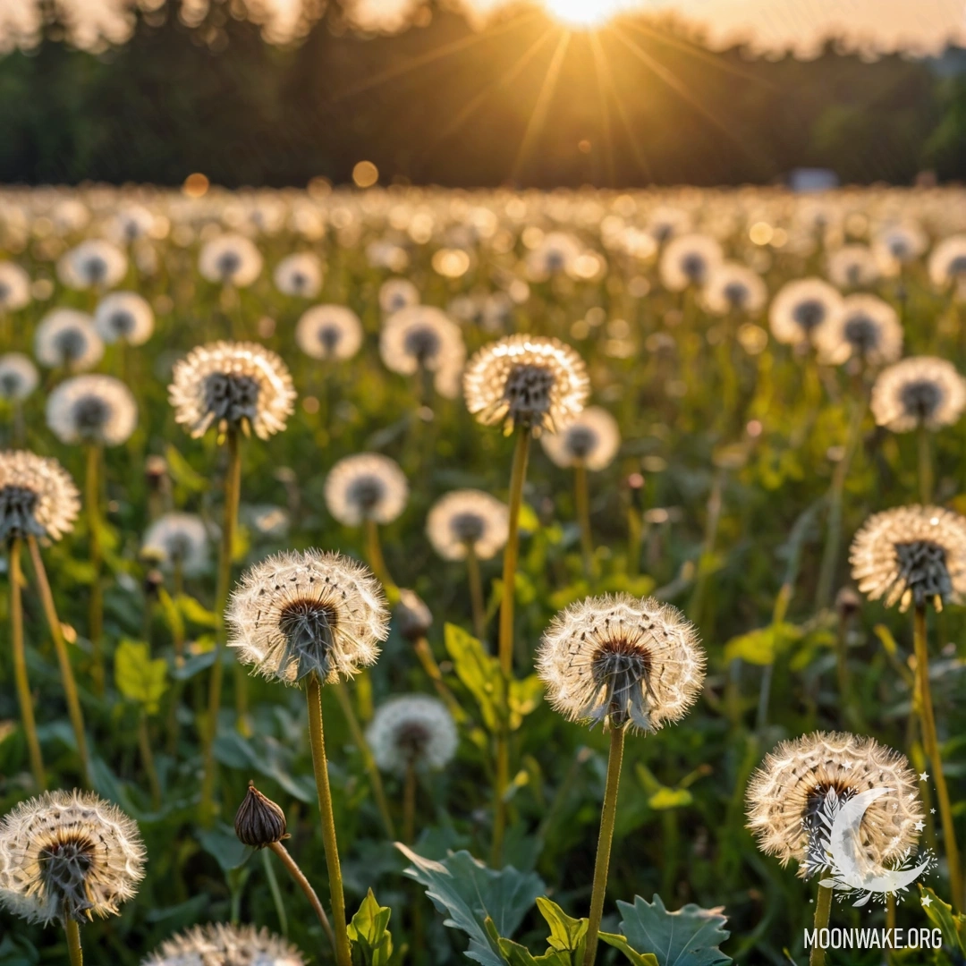Close-up view of dandelions in a field, with a blurred sunset in the background.