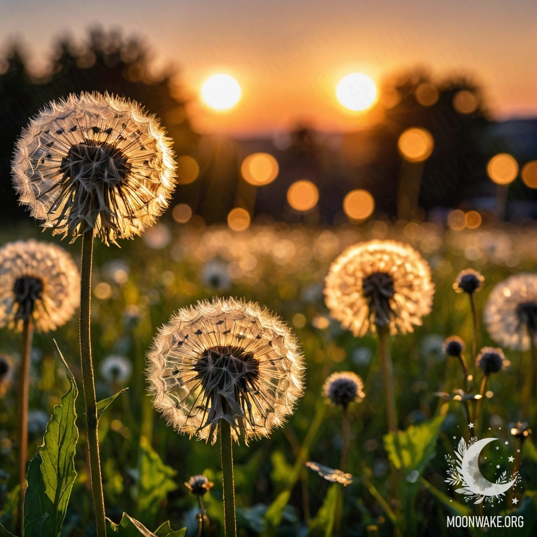 Close-up view of delicate dandelions against a soft bokeh sunset.