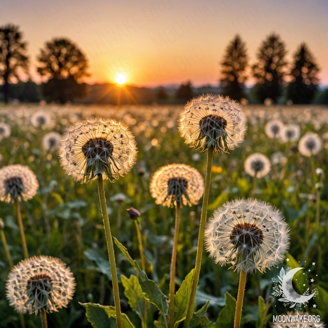 Close-up view of dandelions against a blurred background of sunset flowers.