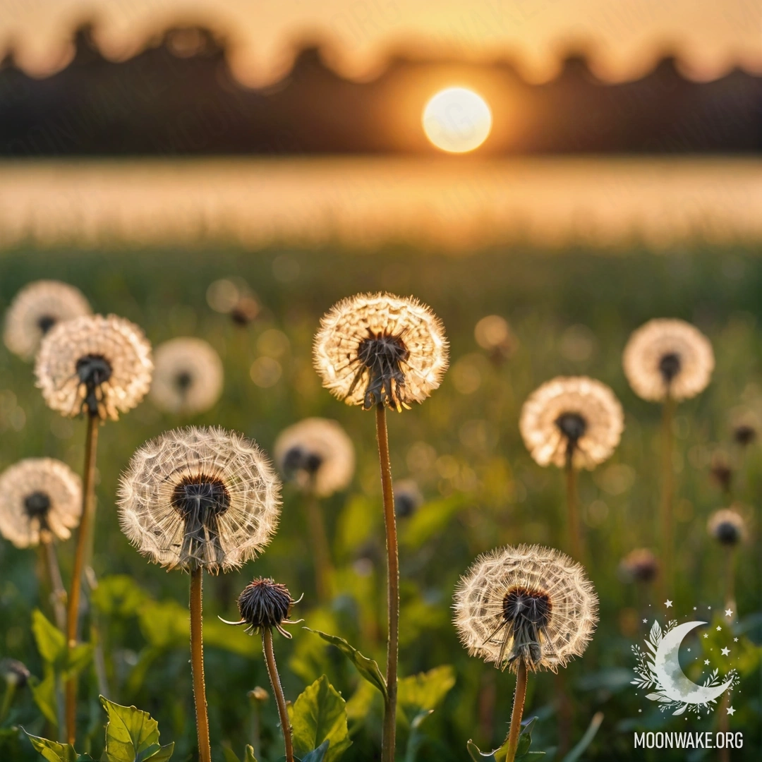 A close-up view of dandelions with a bokeh sunset in the background.