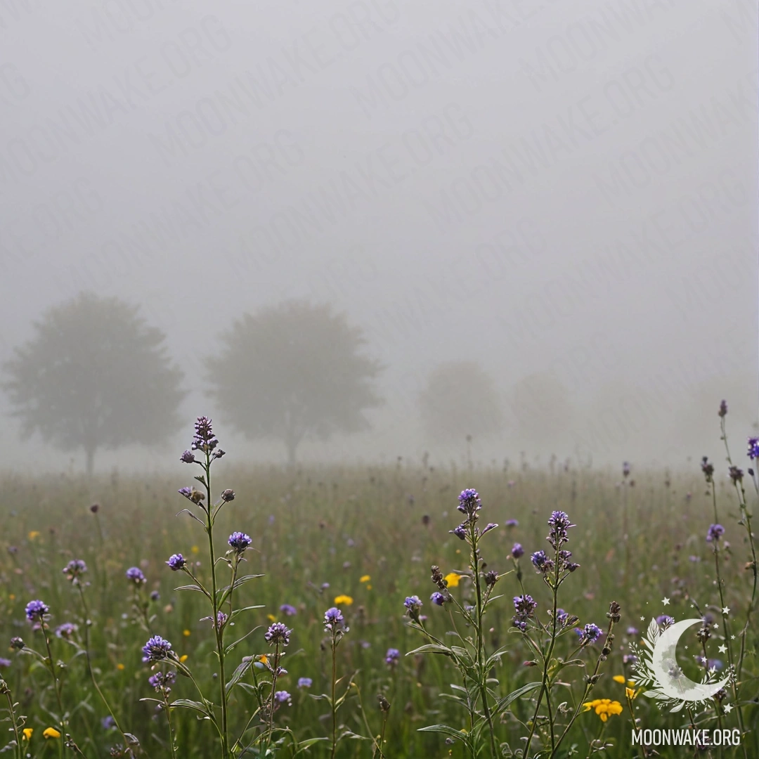 A close-up view of delicate field flowers surrounded by soft mist and a blurred sky in the background.