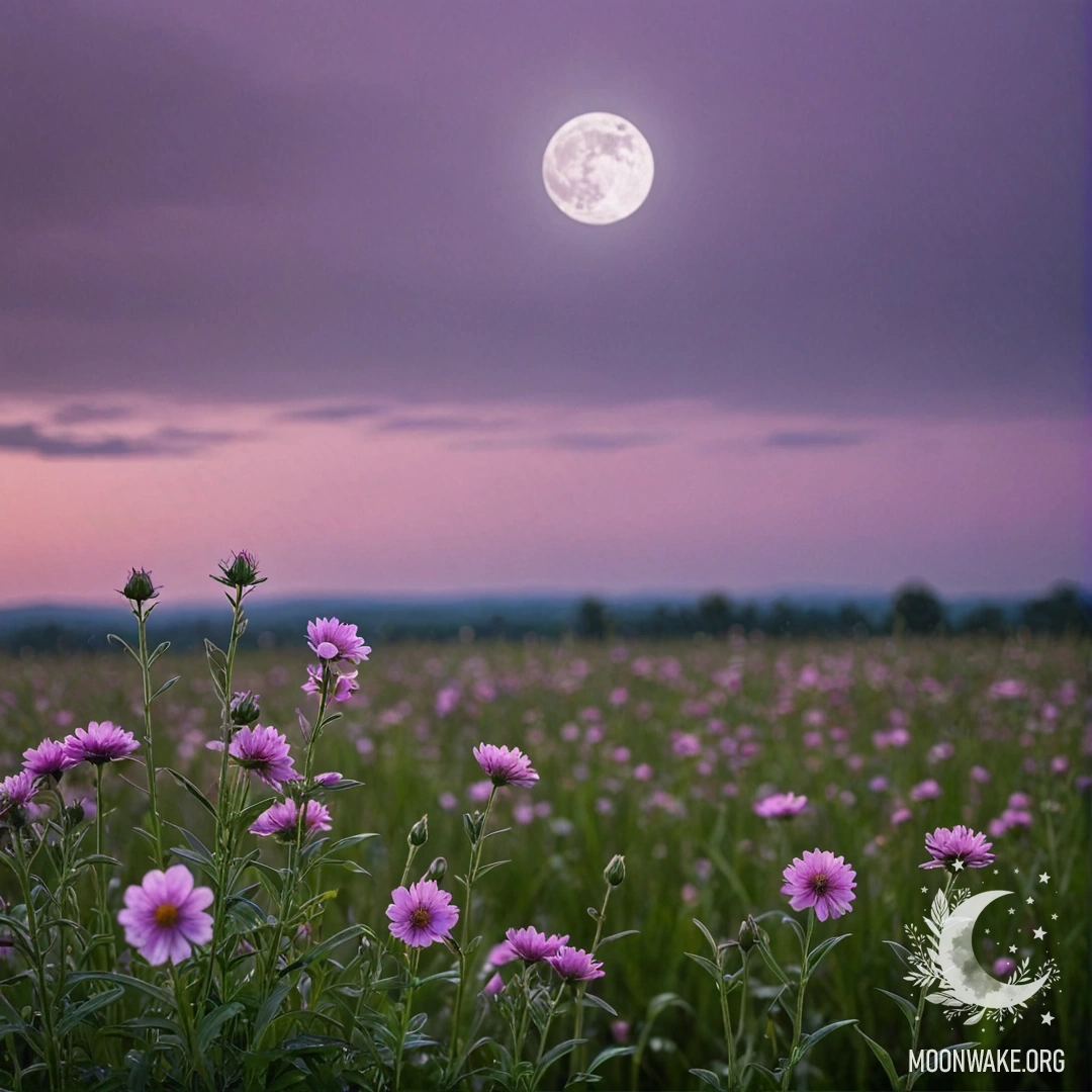 Close-Up of Field Flowers Under Pink Violet Sky A close-up of delicate field flowers against a pink violet sky with the moon.
