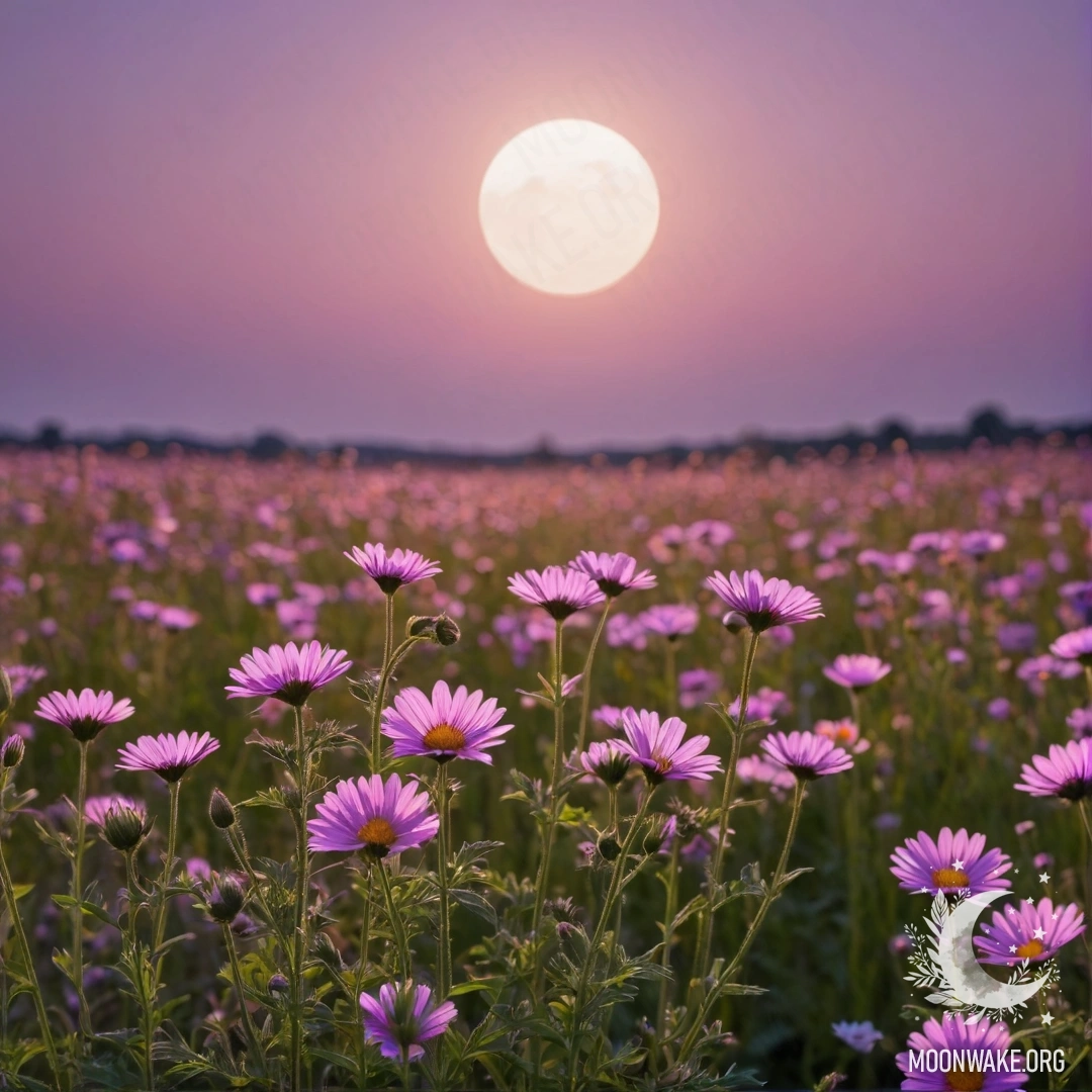 Close-Up of Field Flowers Against a Pink Violet Sky A close-up view of colorful field flowers in front of a pink violet sky, with the moon and sun visible.
