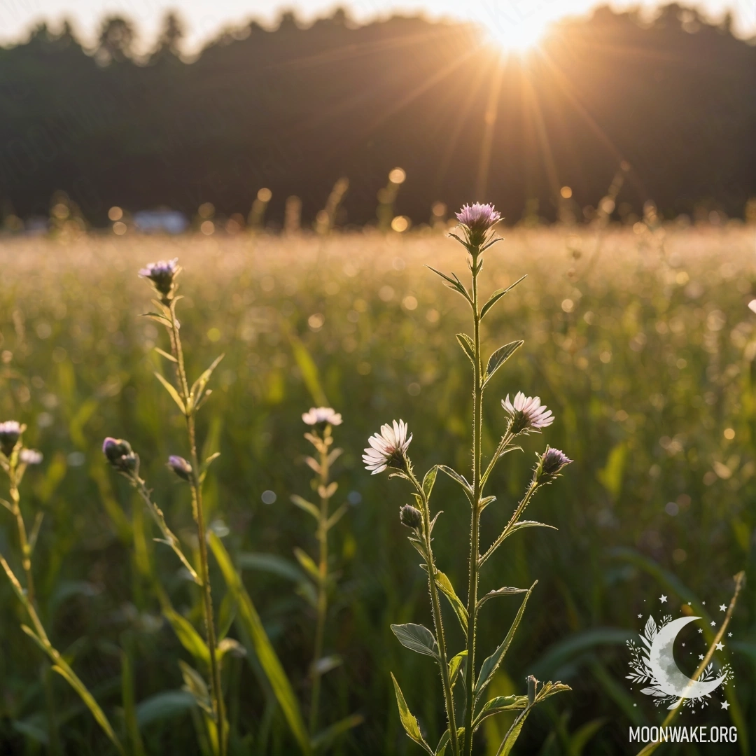 Close-up of delicate field flowers in soft focus with a sunset background and lens flares.