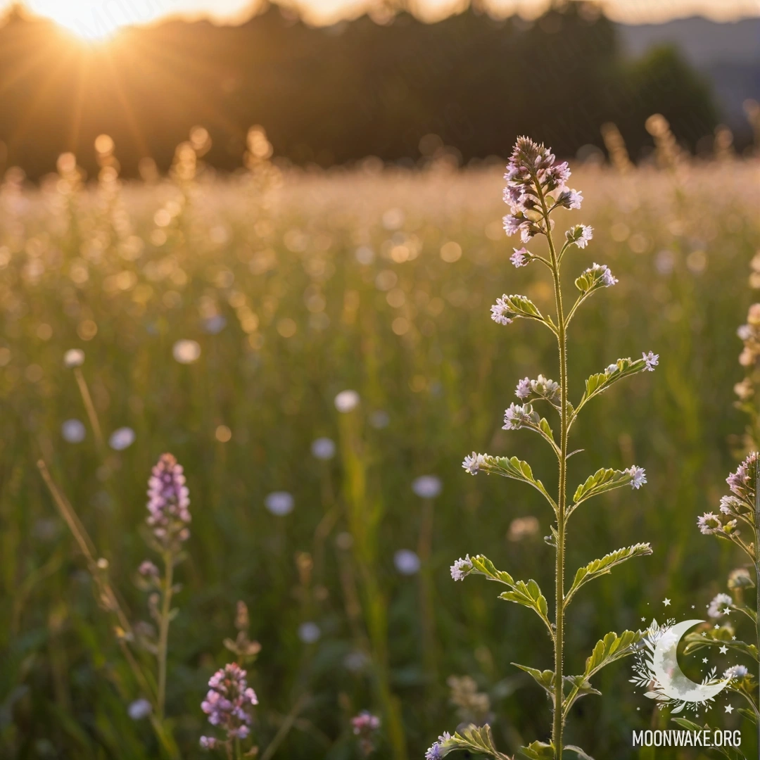 A close-up view of delicate field flowers against a bokeh background during sunset.